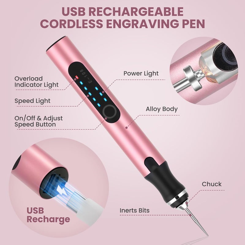 Timntts Electric Engraving Pen with 37 Bits, USB Rechargeable Cordless Etching Engraving Tool, Portable DIY Rotary Engraver for Jewelry Wood Glass Stone Carving (Rose Red) - Image 2